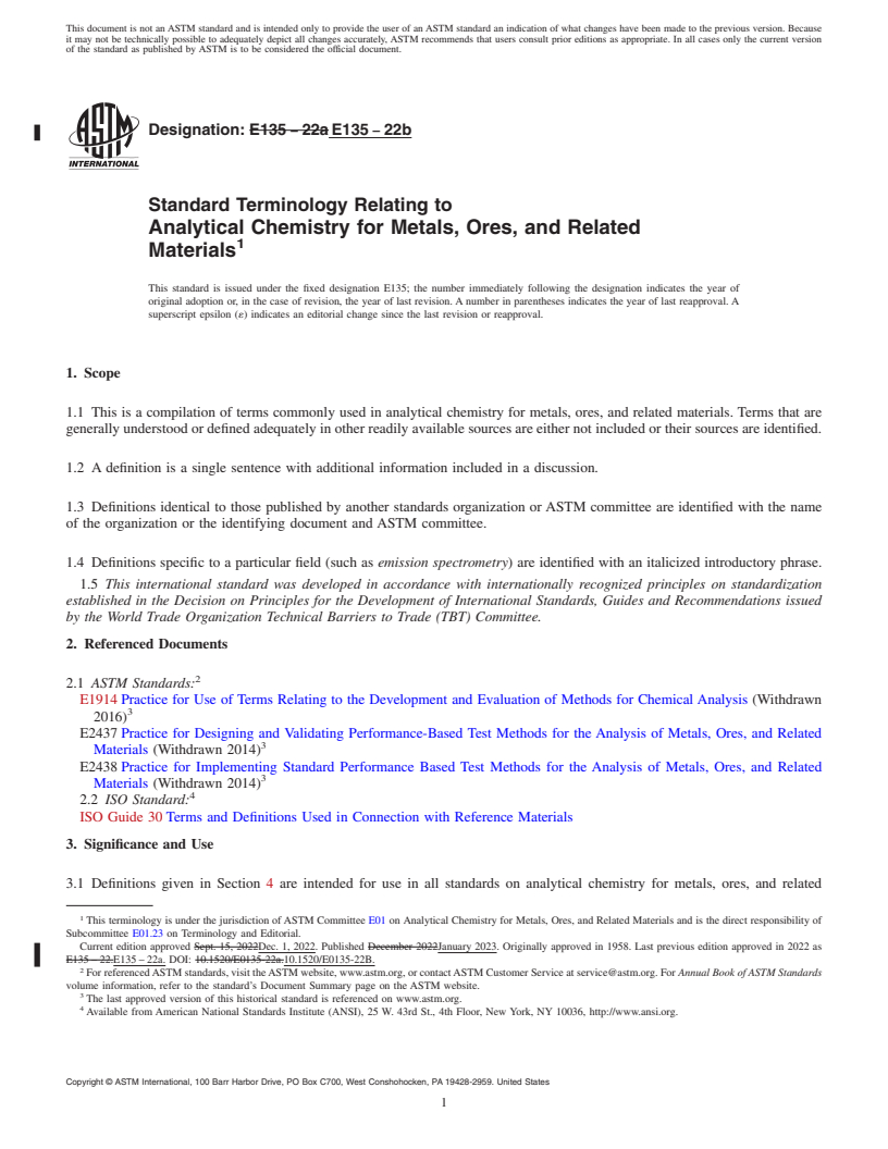 REDLINE ASTM E135-22b - Standard Terminology Relating to  Analytical Chemistry for Metals, Ores, and Related Materials