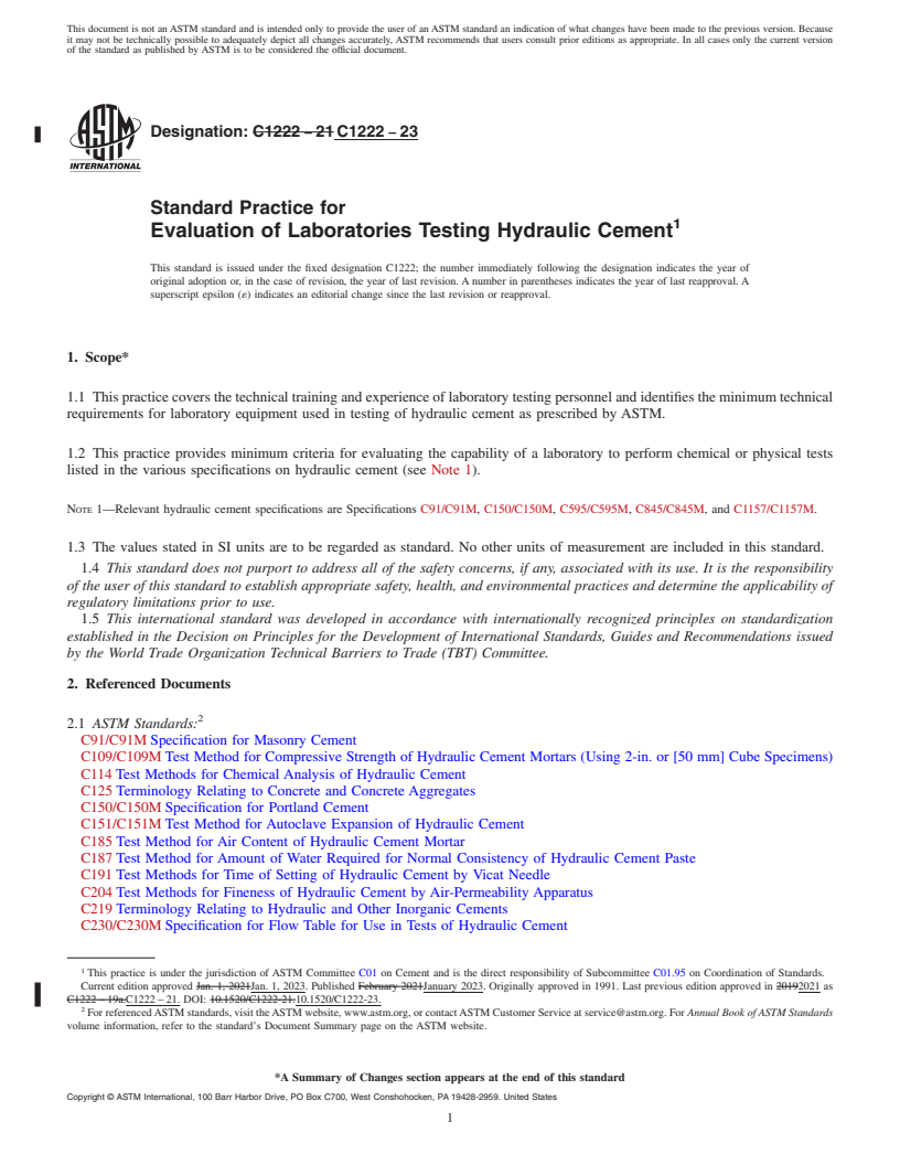 REDLINE ASTM C1222-23 - Standard Practice for  Evaluation of Laboratories Testing Hydraulic Cement