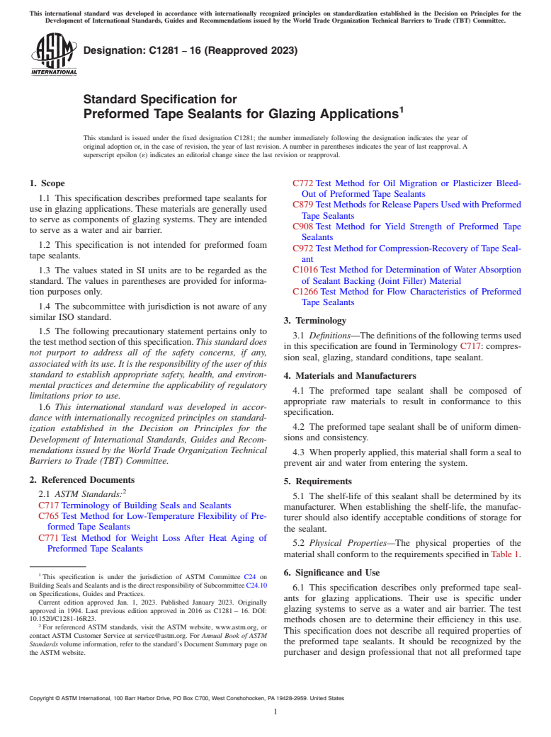 ASTM C1281-16(2023) - Standard Specification for  Preformed Tape Sealants for Glazing Applications