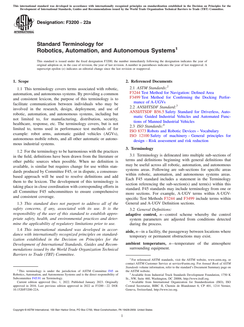 ASTM F3200-22a - Standard Terminology for Robotics, Automation, and Autonomous Systems