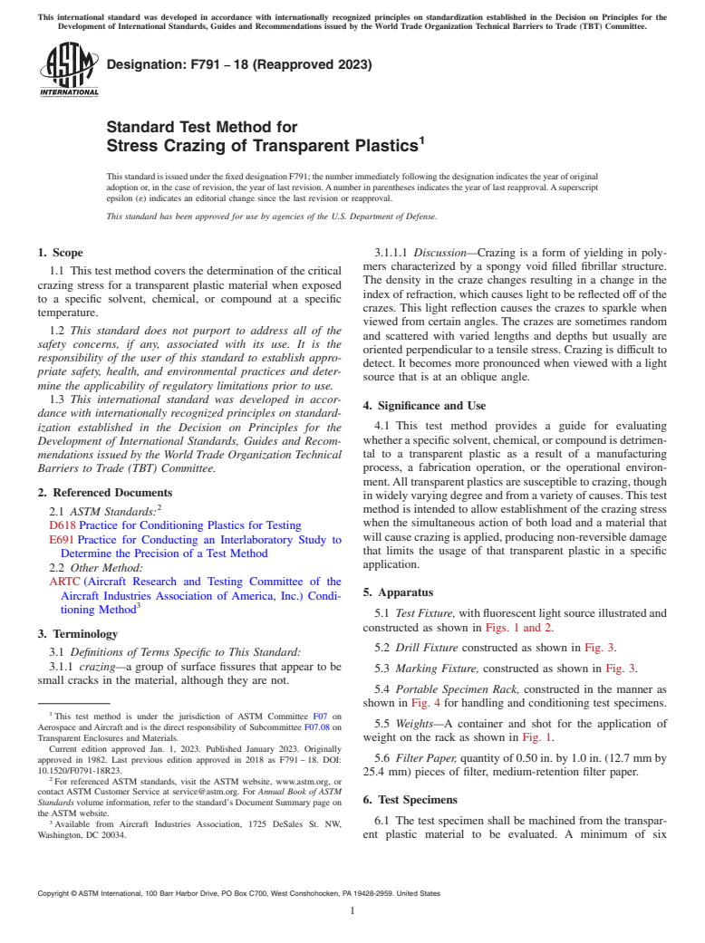 ASTM F791-18(2023) - Standard Test Method for  Stress Crazing of Transparent Plastics