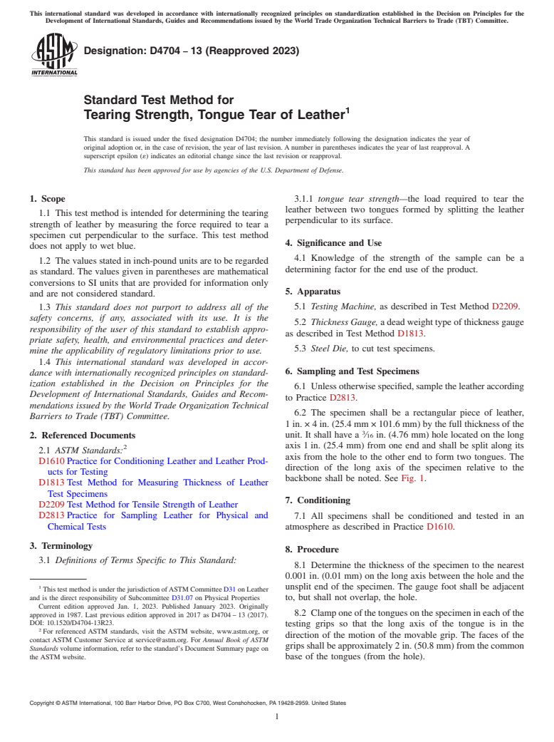 ASTM D4704-13(2023) - Standard Test Method for  Tearing Strength, Tongue Tear of Leather