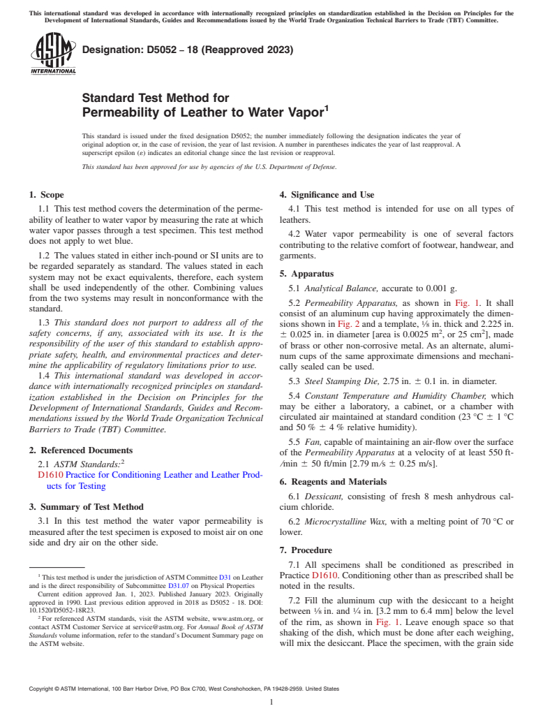 ASTM D5052-18(2023) - Standard Test Method for  Permeability of Leather to Water Vapor