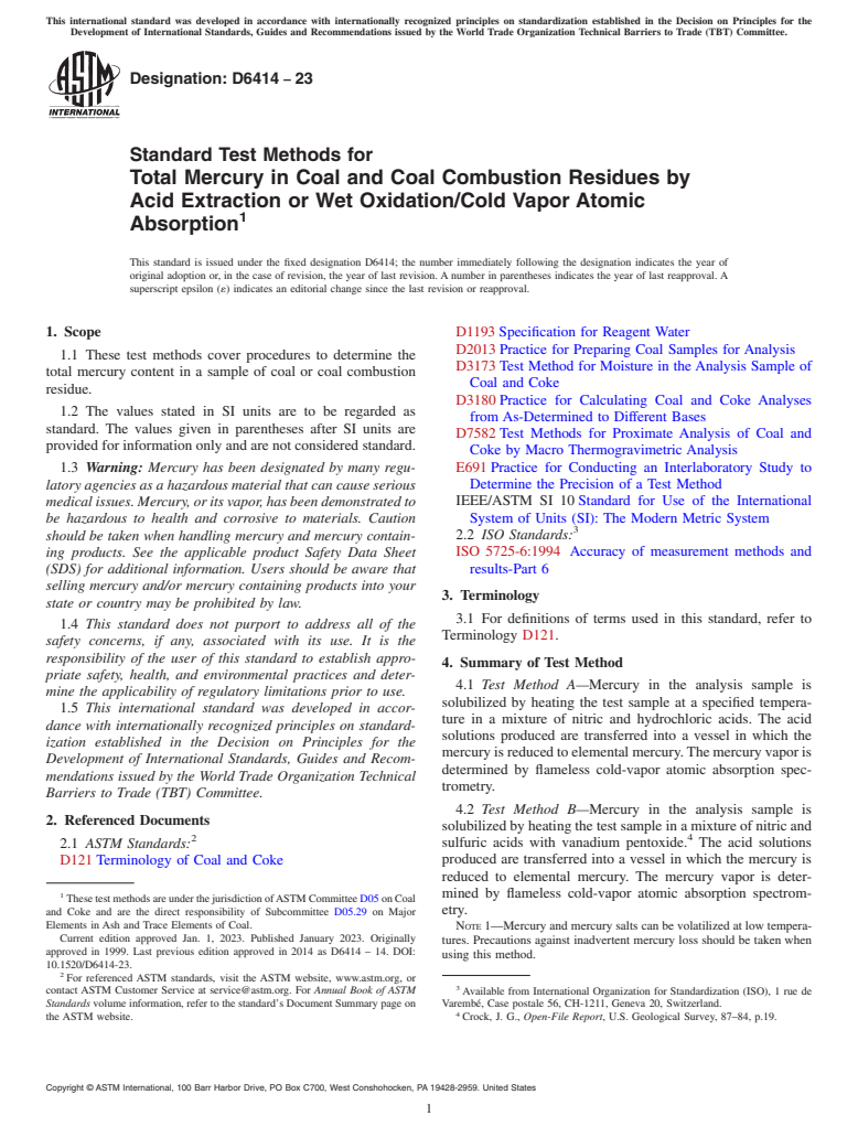 ASTM D6414-23 - Standard Test Methods for  Total Mercury in Coal and Coal Combustion Residues by Acid  Extraction or Wet Oxidation/Cold Vapor Atomic Absorption