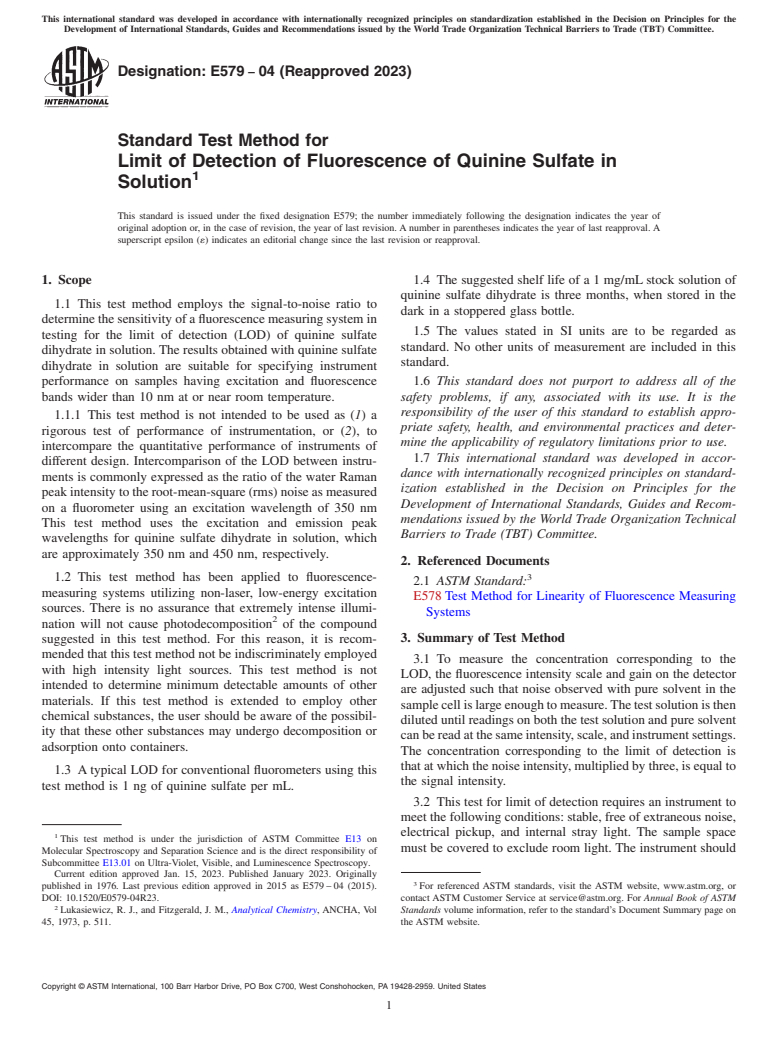 ASTM E579-04(2023) - Standard Test Method for Limit of Detection of Fluorescence of Quinine Sulfate in Solution