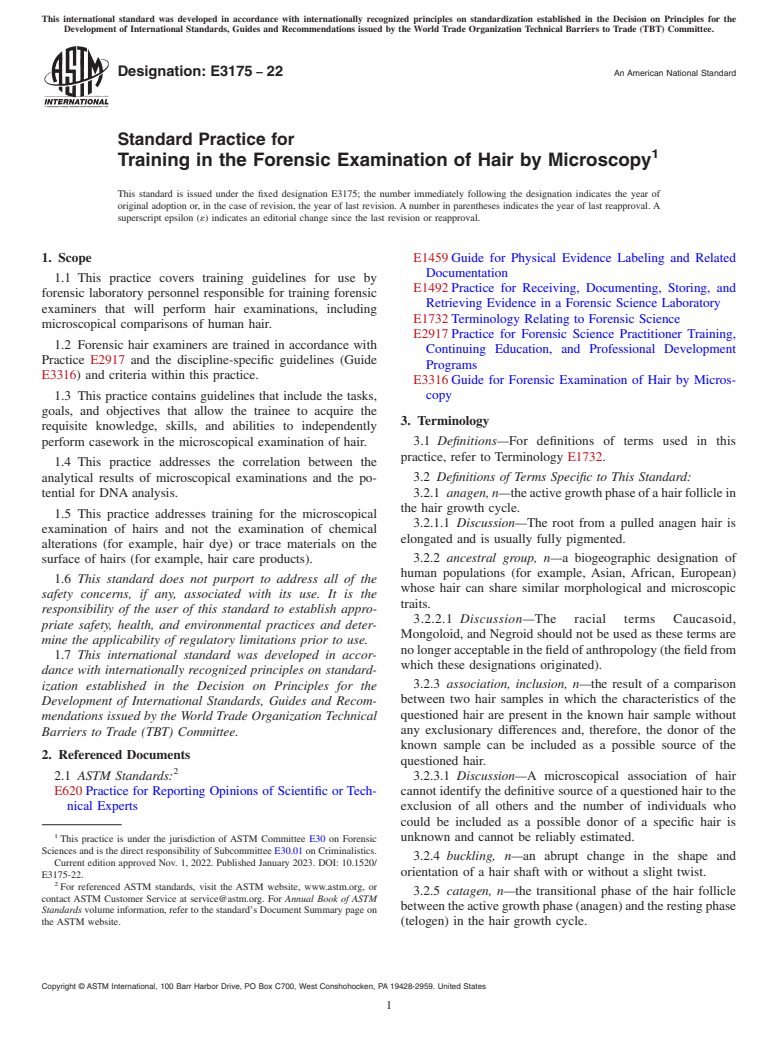 ASTM E3175-22 - Standard Practice for Training in the Forensic Examination of Hair by Microscopy