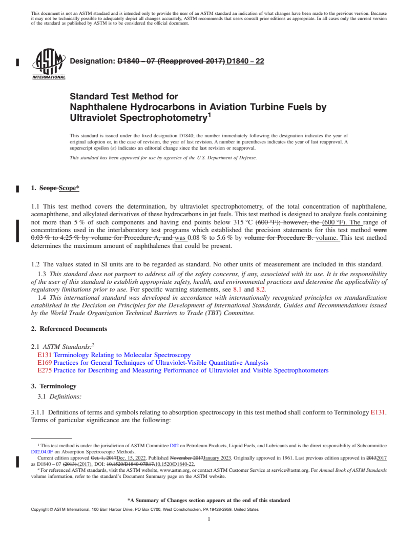 REDLINE ASTM D1840-22 - Standard Test Method for Naphthalene Hydrocarbons in Aviation Turbine Fuels by Ultraviolet   Spectrophotometry