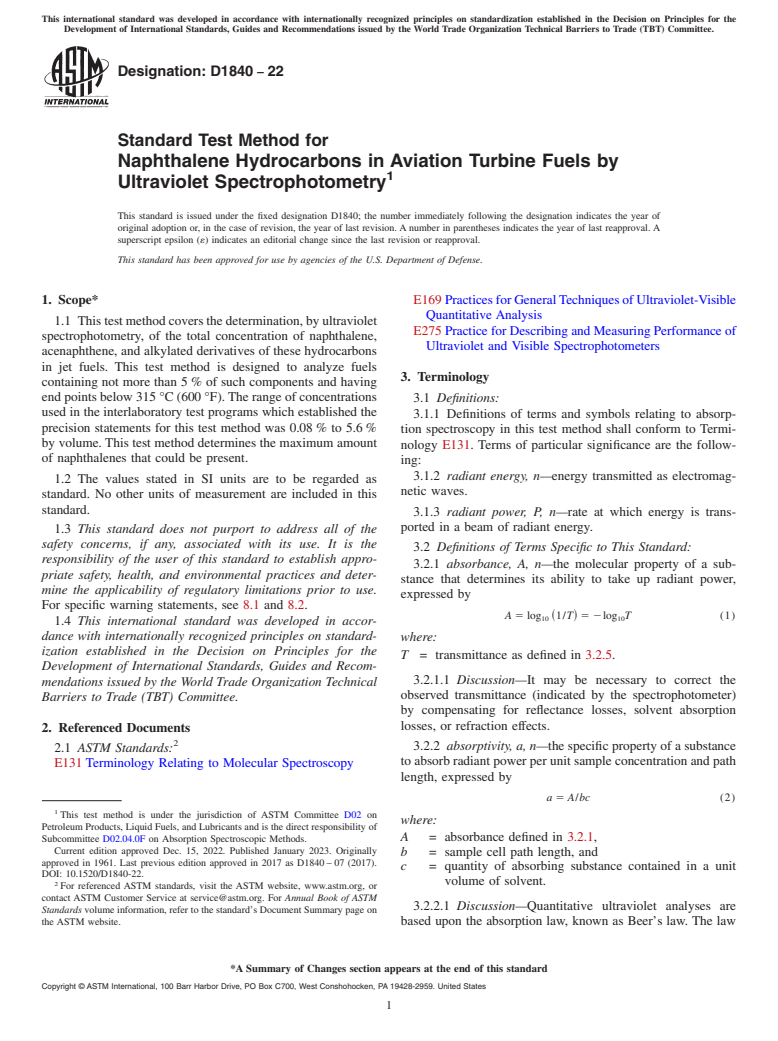 ASTM D1840-22 - Standard Test Method for Naphthalene Hydrocarbons in Aviation Turbine Fuels by Ultraviolet   Spectrophotometry