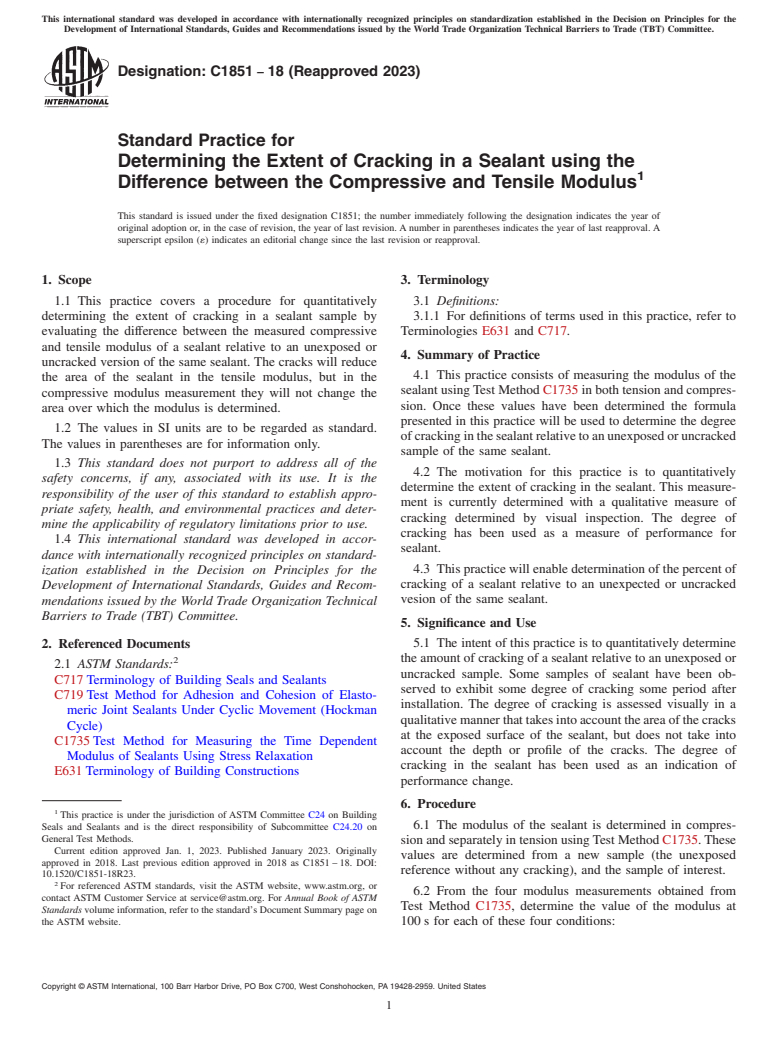 ASTM C1851-18(2023) - Standard Practice for Determining the Extent of Cracking in a Sealant using the Difference  between the Compressive and Tensile Modulus