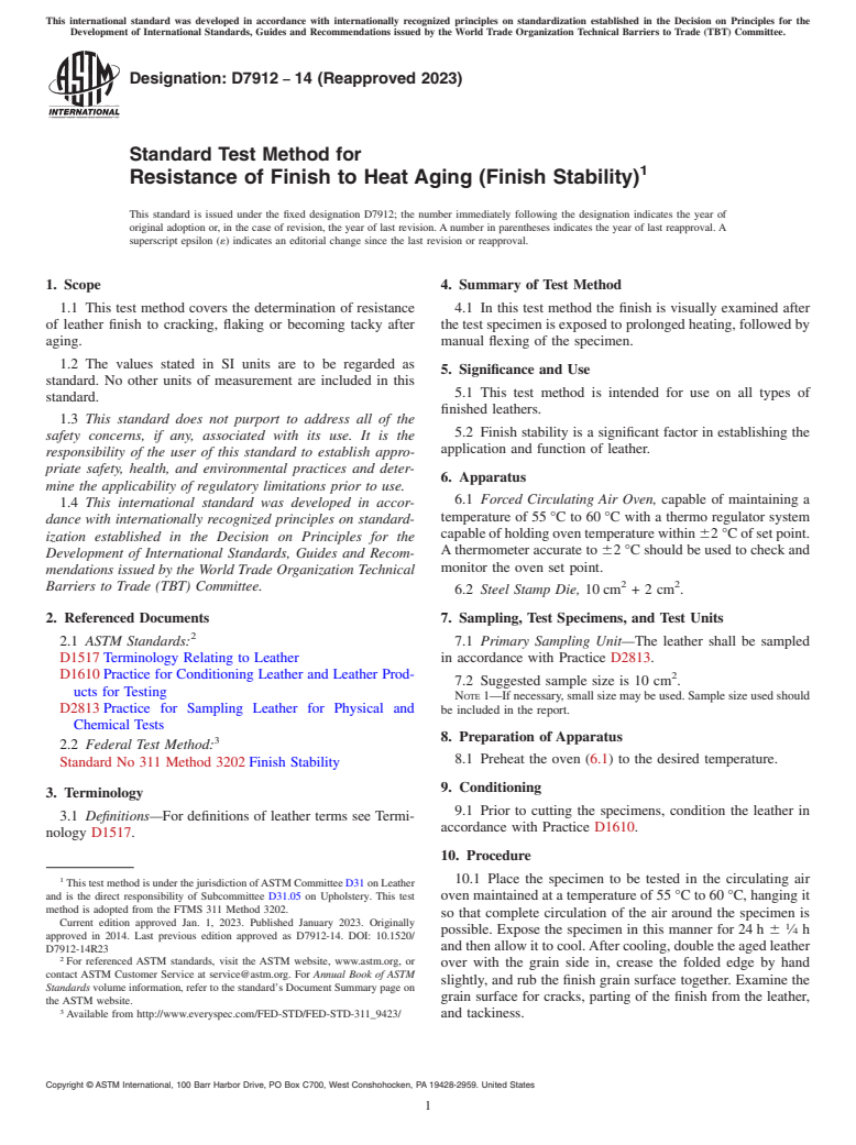 ASTM D7912-14(2023) - Standard Test Method for Resistance of Finish to Heat Aging (Finish Stability)