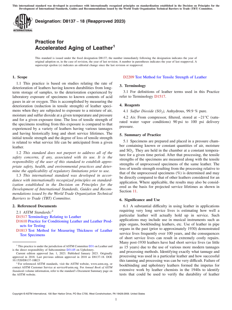 ASTM D8137-18(2023) - Practice for Accelerated Aging of Leather