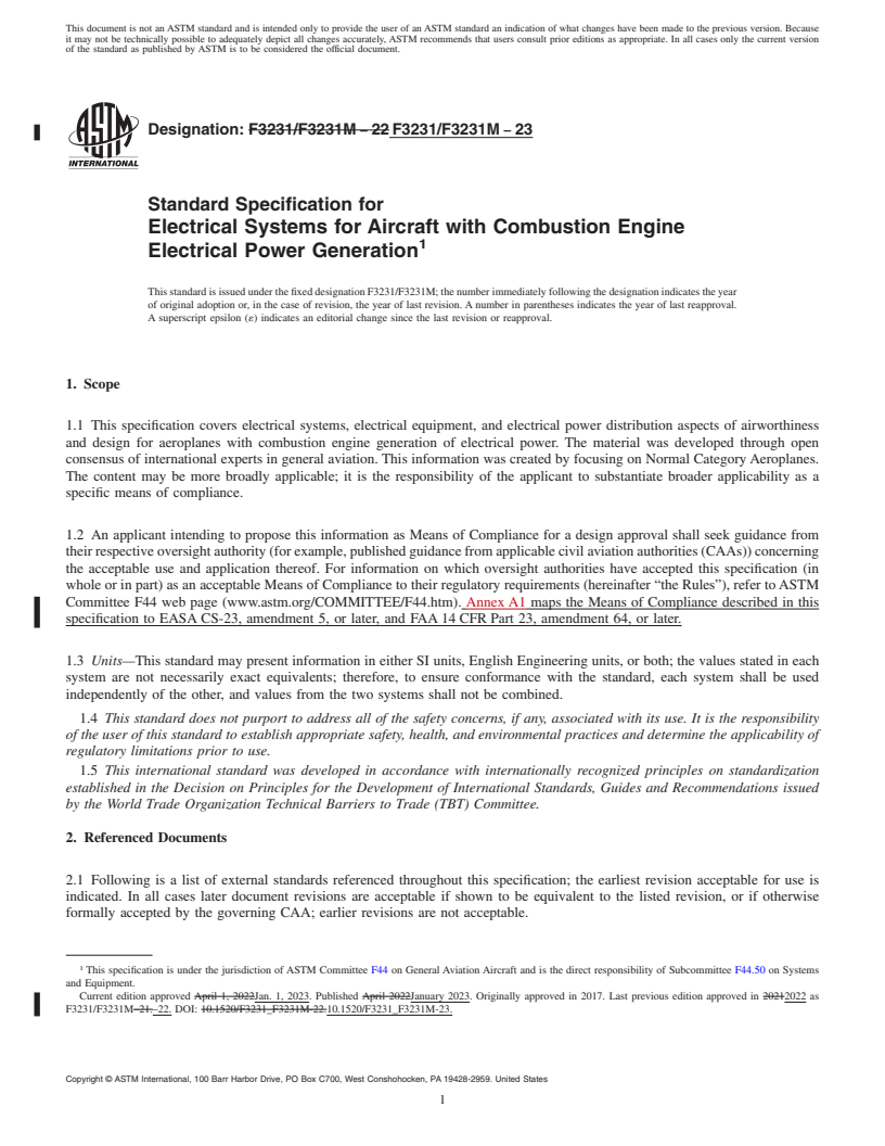 REDLINE ASTM F3231/F3231M-23 - Standard Specification for Electrical Systems for Aircraft with Combustion Engine Electrical  Power Generation