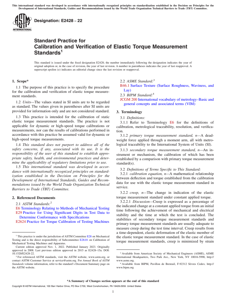 ASTM E2428-22 - Standard Practice for  Calibration and Verification of Elastic Torque Measurement  Standards