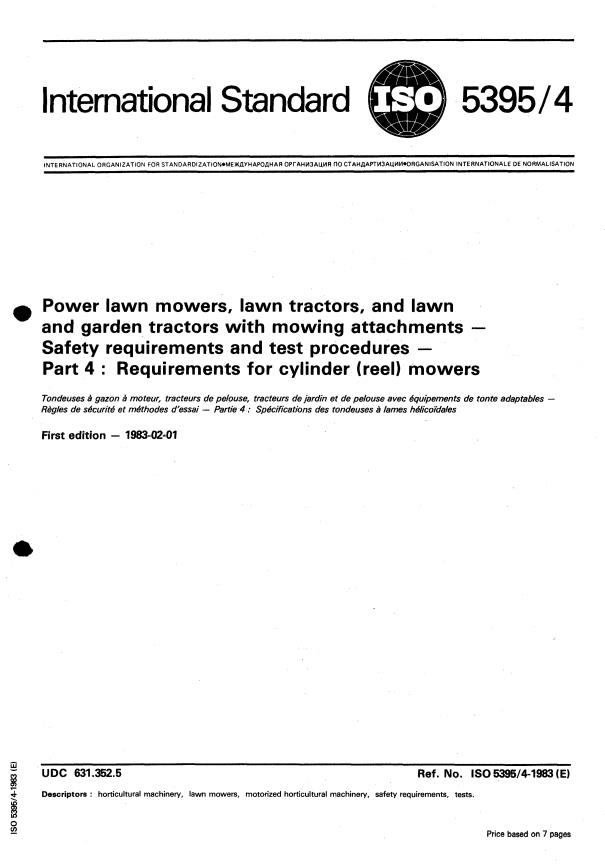 ISO 5395-4:1983 - Power lawn mowers, lawn tractors, and lawn and garden tractors with mowing attachments -- Safety requirements and test procedures