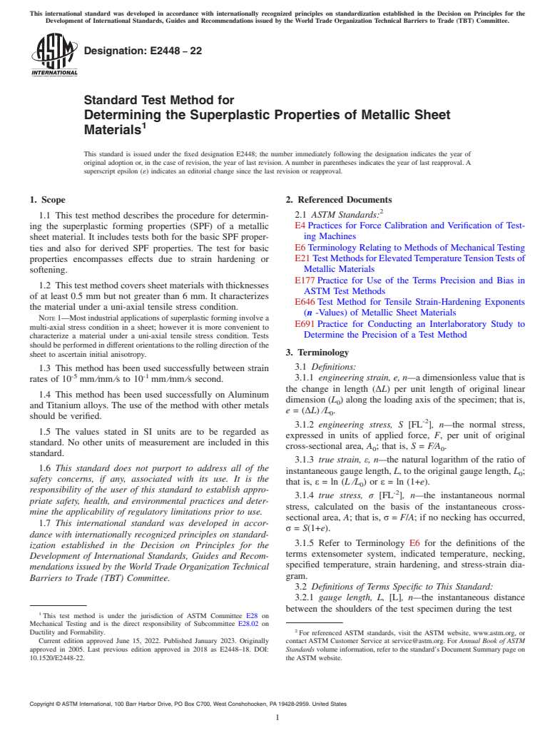 ASTM E2448-22 - Standard Test Method for  Determining the Superplastic Properties of Metallic Sheet Materials