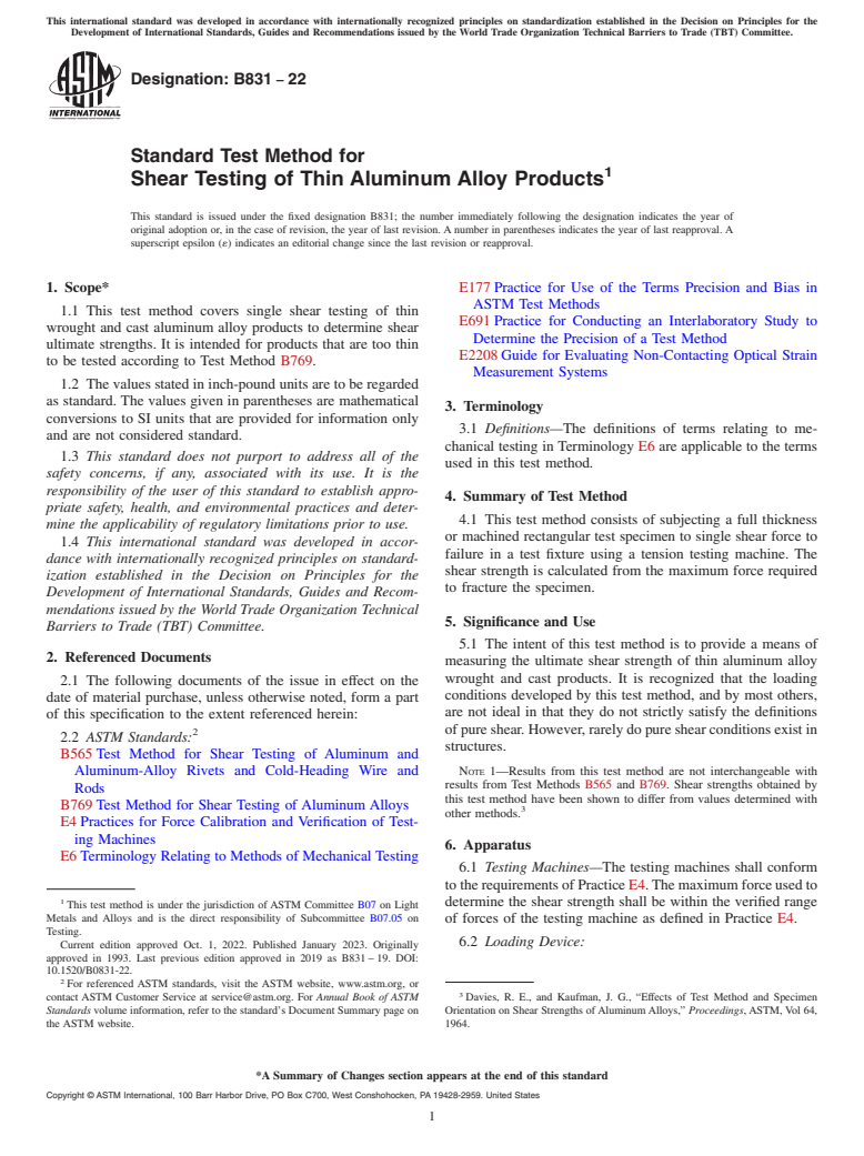 ASTM B831-22 - Standard Test Method for Shear Testing of Thin Aluminum Alloy Products