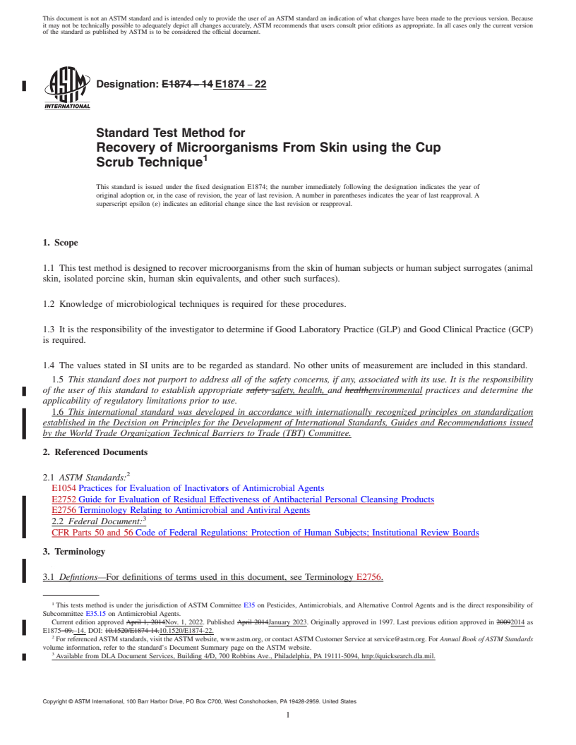 REDLINE ASTM E1874-22 - Standard Test Method for  Recovery of Microorganisms From Skin using the Cup Scrub Technique