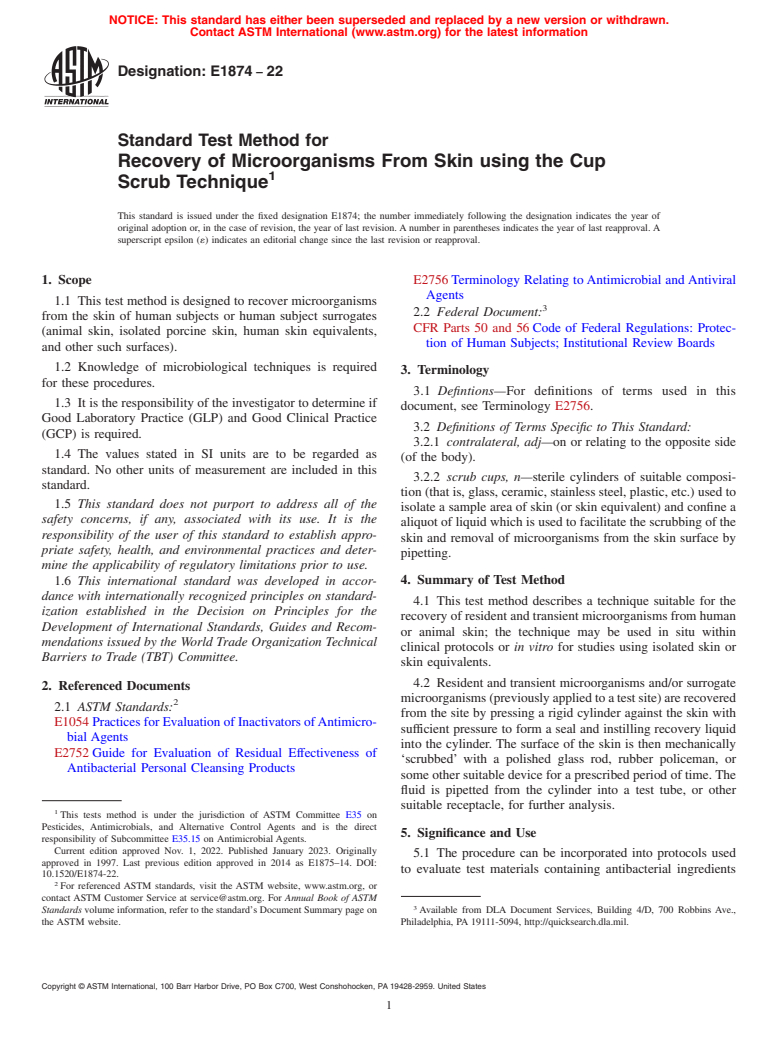 ASTM E1874-22 - Standard Test Method for  Recovery of Microorganisms From Skin using the Cup Scrub Technique