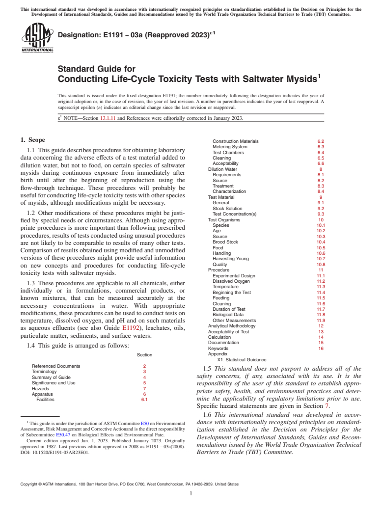 ASTM E1191-03A(2023)e1 - Standard Guide for  Conducting Life-Cycle Toxicity Tests with Saltwater Mysids