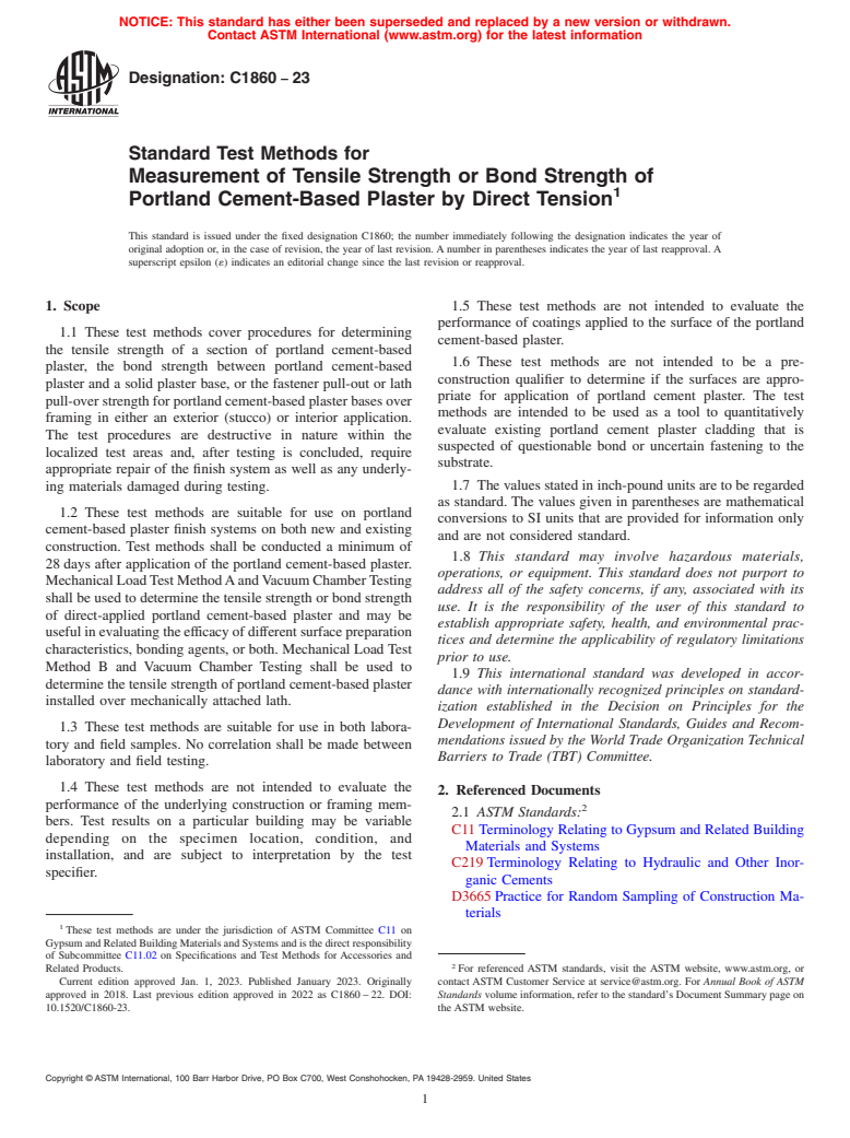 ASTM C1860-23 - Standard Test Methods for Measurement of Tensile Strength or Bond Strength of Portland  Cement-Based Plaster by Direct Tension