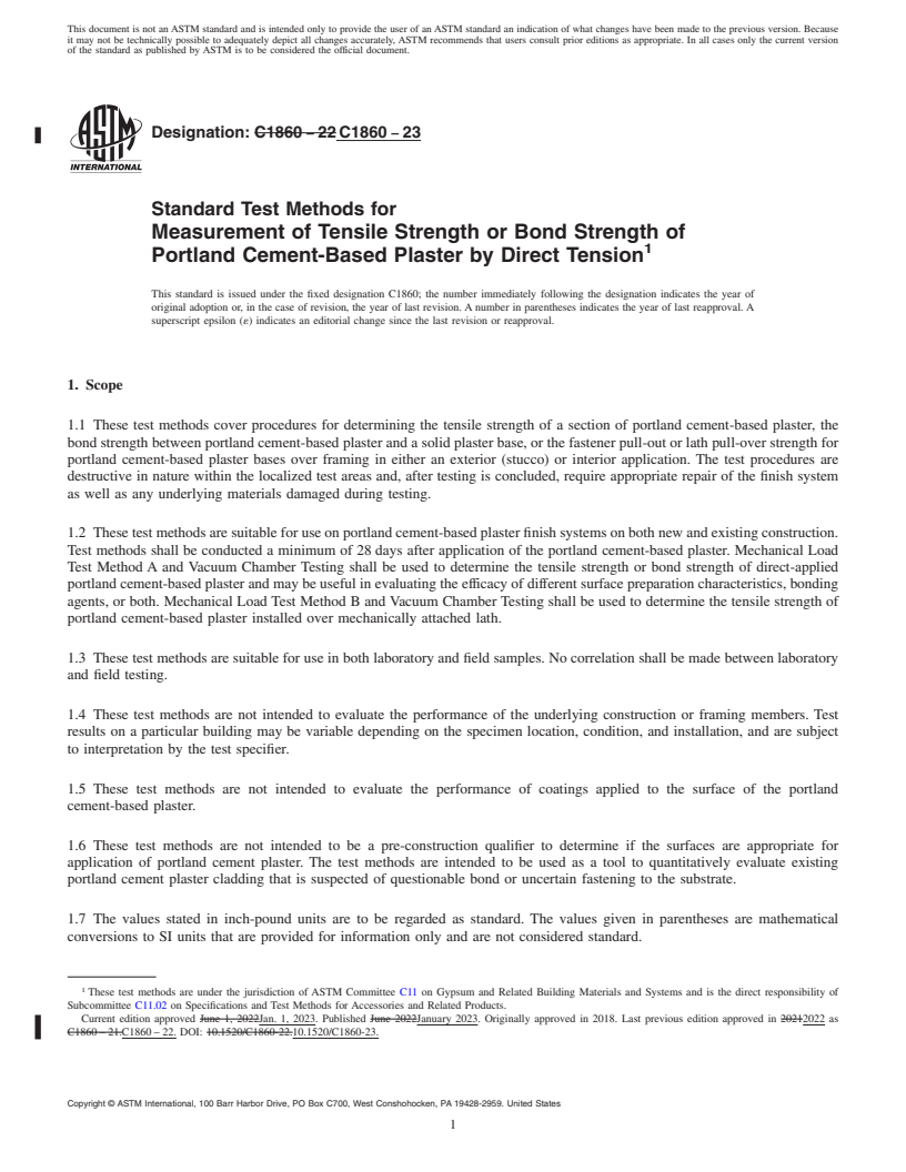 REDLINE ASTM C1860-23 - Standard Test Methods for Measurement of Tensile Strength or Bond Strength of Portland  Cement-Based Plaster by Direct Tension