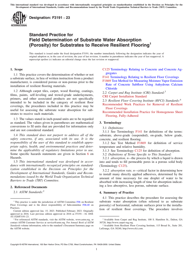ASTM F3191-23 - Standard Practice for Field Determination of Substrate Water Absorption (Porosity)  for Substrates to Receive Resilient Flooring