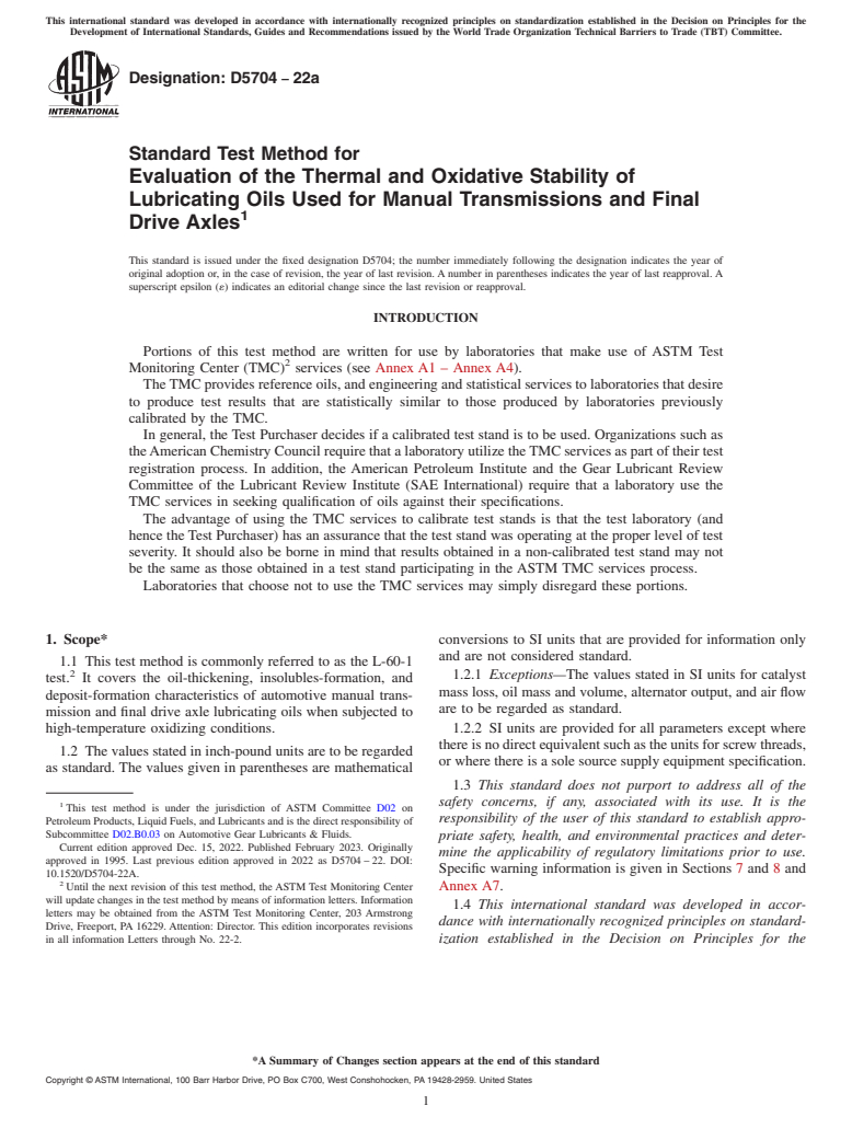 ASTM D5704-22a - Standard Test Method for Evaluation of the Thermal and Oxidative Stability of Lubricating  Oils Used for Manual Transmissions and Final Drive Axles