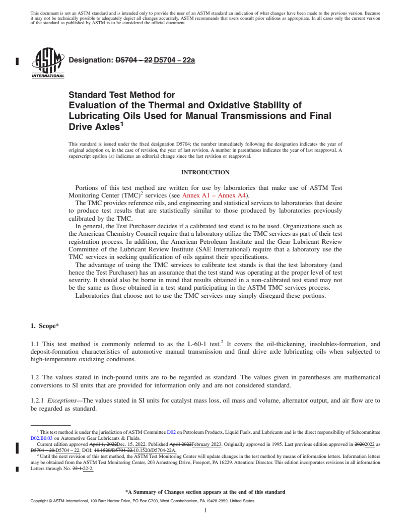 REDLINE ASTM D5704-22a - Standard Test Method for Evaluation of the Thermal and Oxidative Stability of Lubricating  Oils Used for Manual Transmissions and Final Drive Axles