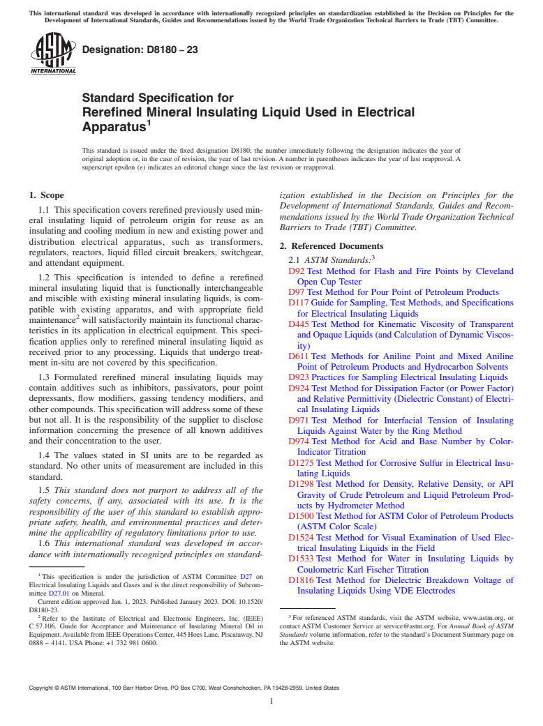 ASTM D8180-23 - Standard Specification for Rerefined Mineral Insulating Liquid Used in Electrical Apparatus