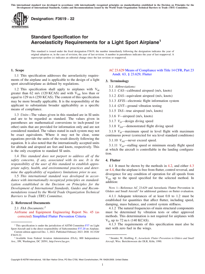 ASTM F3619-22 - Standard Specification for Aeroelasticity Requirements for a Light Sport Airplane