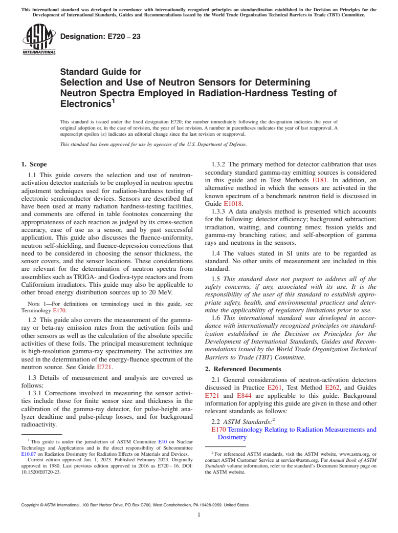 ASTM E720-23 - Standard Guide for  Selection and Use of Neutron Sensors for Determining Neutron  Spectra Employed in Radiation-Hardness Testing of Electronics