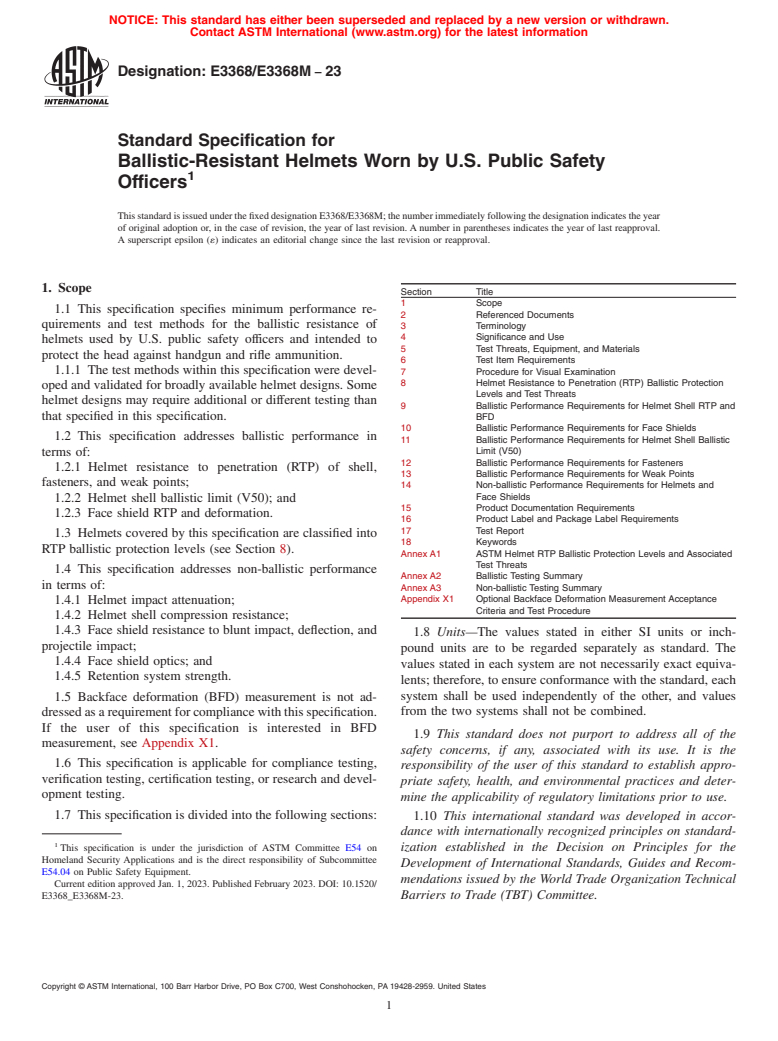 ASTM E3368/E3368M-23 - Standard Specification for Ballistic-Resistant Helmets Worn by U.S. Public Safety Officers