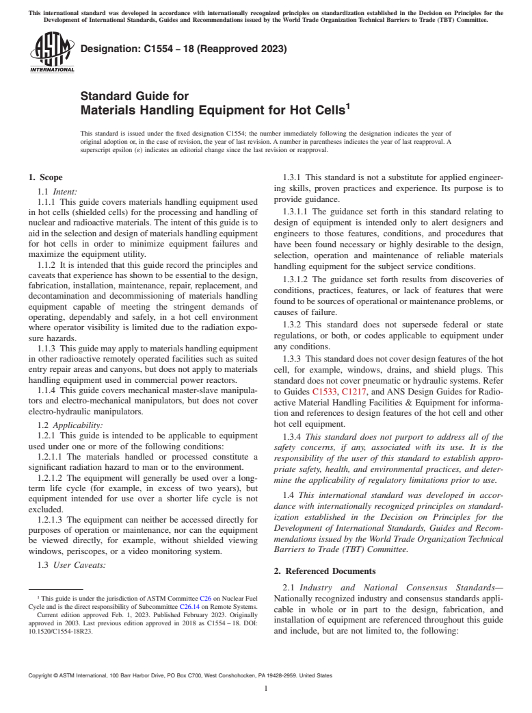 ASTM C1554-18(2023) - Standard Guide for  Materials Handling Equipment for Hot Cells