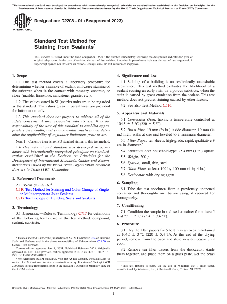 ASTM D2203-01(2023) - Standard Test Method for  Staining from Sealants