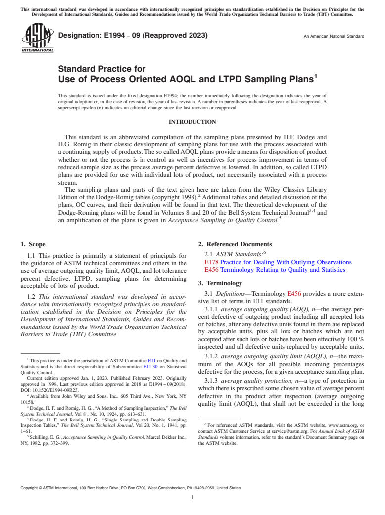 ASTM E1994-09(2023) - Standard Practice for  Use of Process Oriented AOQL and LTPD Sampling Plans