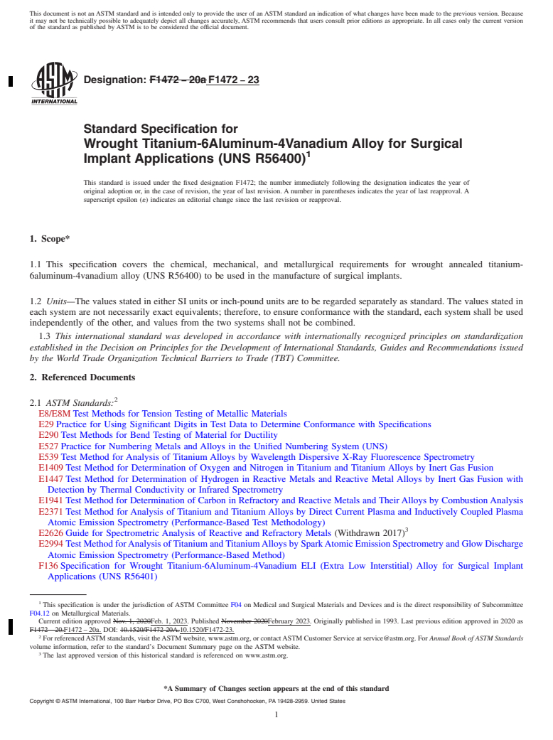 REDLINE ASTM F1472-23 - Standard Specification for  Wrought Titanium-6Aluminum-4Vanadium Alloy for Surgical Implant  Applications (UNS R56400)