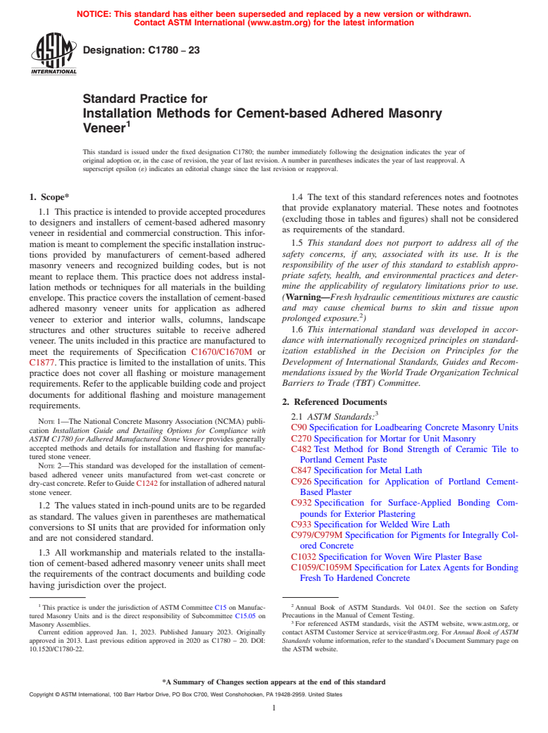ASTM C1780-23 - Standard Practice for Installation Methods for Cement-based Adhered Masonry Veneer
