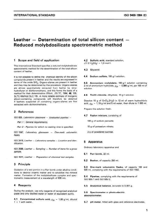 ISO 5400:1984 - Leather -- Determination of total silicon content -- Reduced molybdosilicate spectrometric method