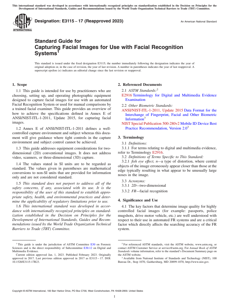 ASTM E3115-17(2023) - Standard Guide for Capturing Facial Images for Use with Facial Recognition Systems