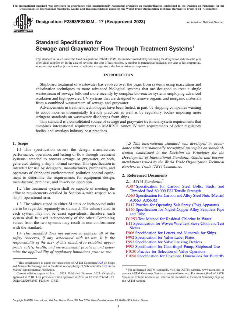 ASTM F2363/F2363M-17(2023) - Standard Specification for  Sewage and Graywater Flow Through Treatment Systems