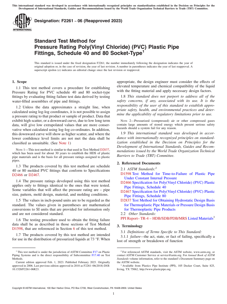 ASTM F2261-06(2023) - Standard Test Method for  Pressure Rating Poly(Vinyl Chloride) (PVC) Plastic Pipe Fittings,   Schedule  40 and 80 Socket-Type