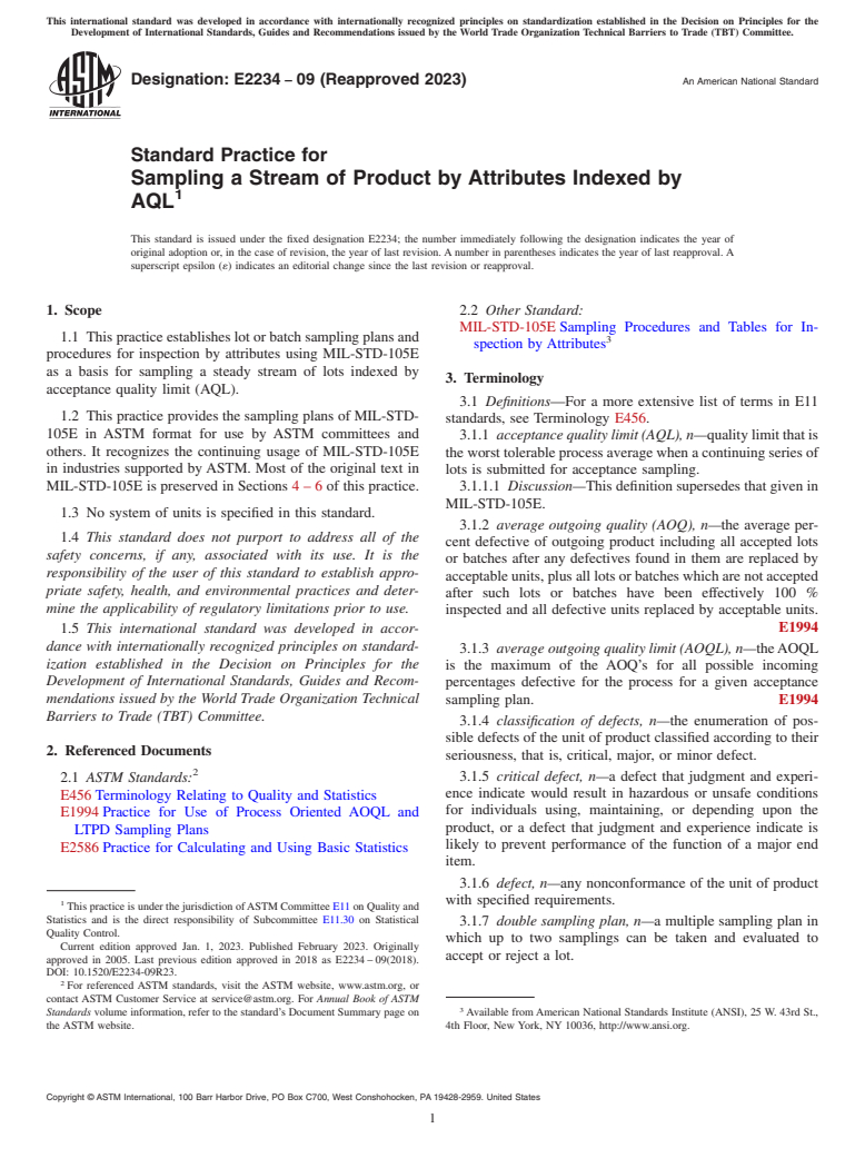 ASTM E2234-09(2023) - Standard Practice for  Sampling a Stream of Product by Attributes Indexed by AQL