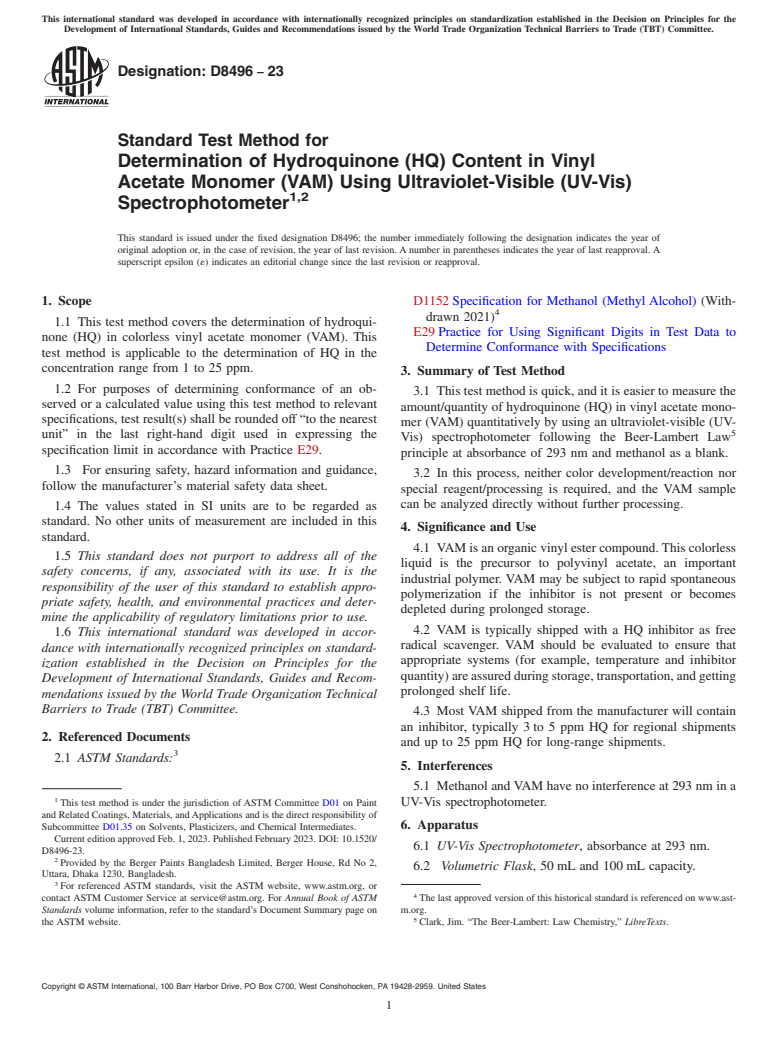 ASTM D8496-23 - Standard Test Method for Determination of Hydroquinone (HQ) Content in Vinyl Acetate  Monomer (VAM) Using Ultraviolet-Visible (UV-Vis) Spectrophotometer