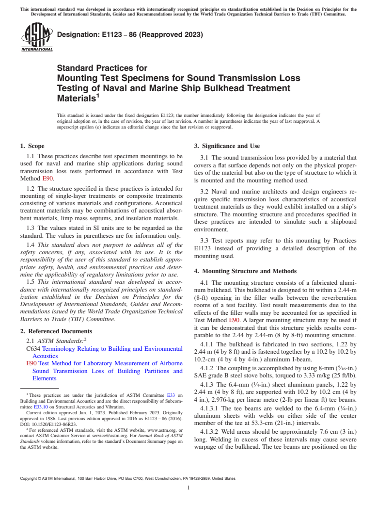 ASTM E1123-86(2023) - Standard Practices for Mounting Test Specimens for Sound Transmission Loss Testing  of Naval and Marine Ship Bulkhead Treatment Materials