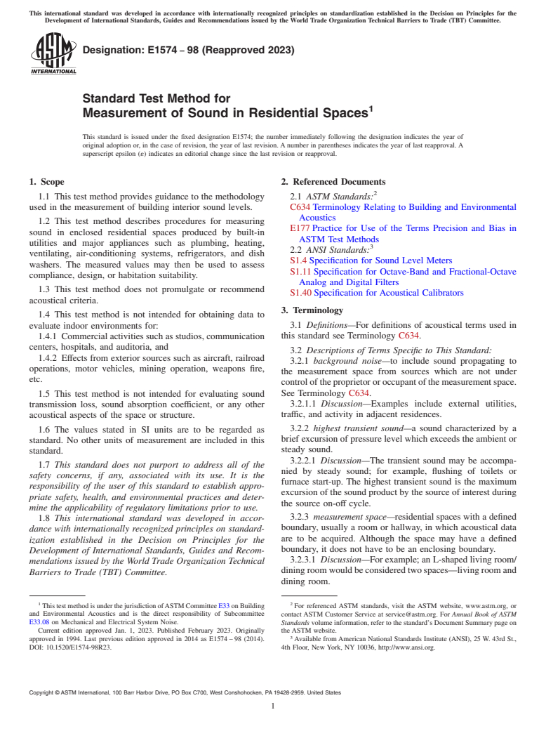 ASTM E1574-98(2023) - Standard Test Method for  Measurement of Sound in Residential Spaces