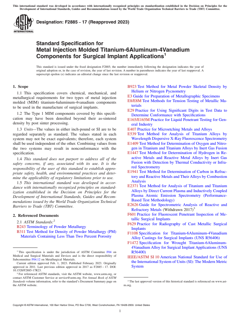 ASTM F2885-17(2023) - Standard Specification for  Metal Injection Molded Titanium-6Aluminum-4Vanadium Components  for Surgical Implant Applications