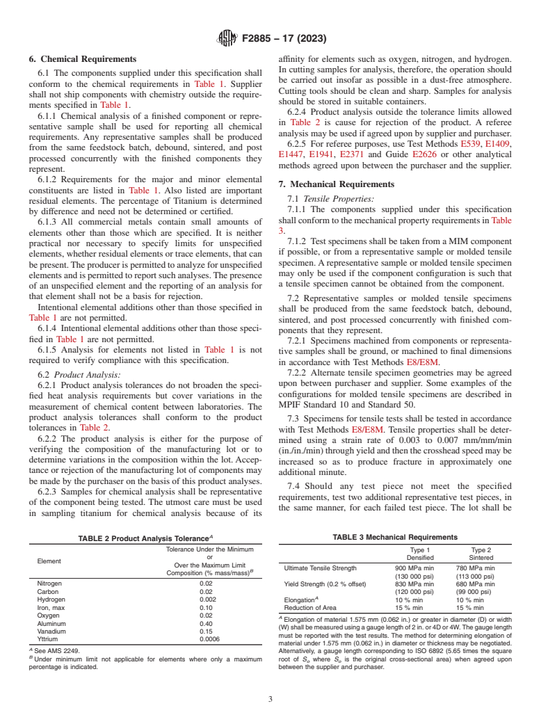 ASTM F2885-17(2023) - Standard Specification for  Metal Injection Molded Titanium-6Aluminum-4Vanadium Components  for Surgical Implant Applications