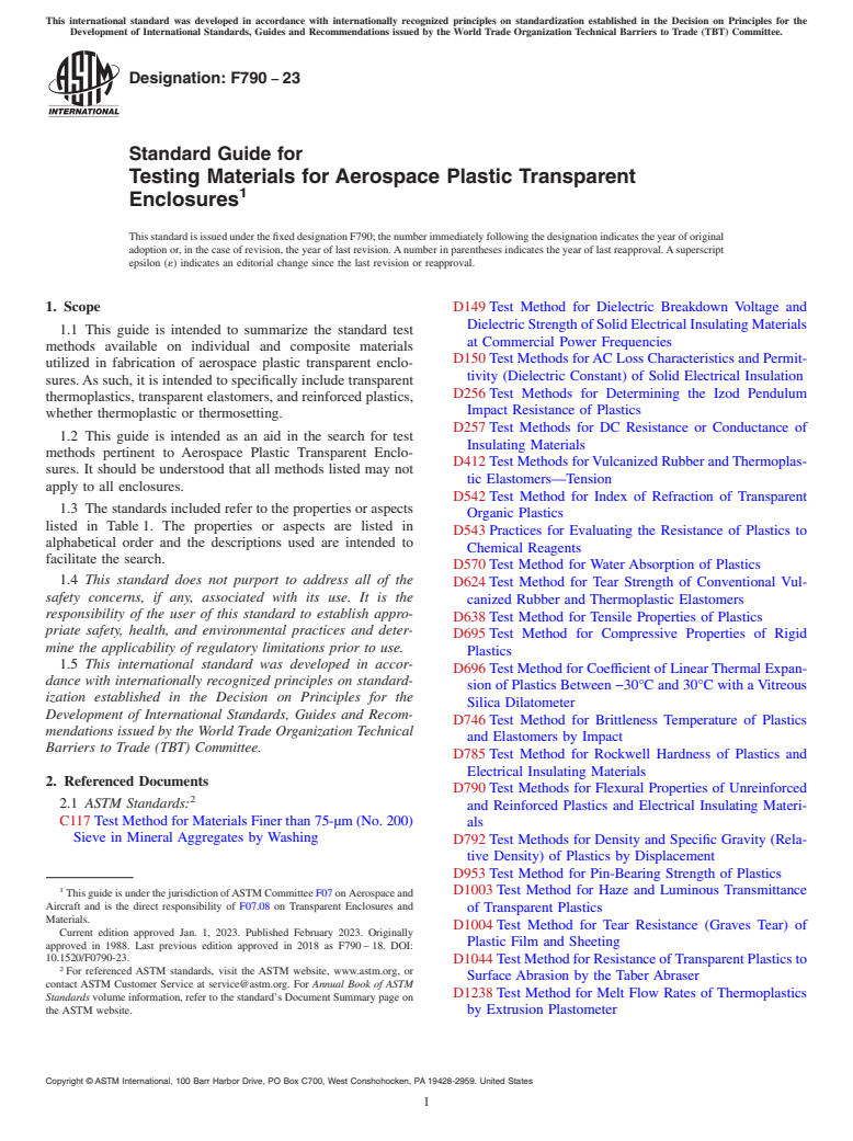 ASTM F790-23 - Standard Guide for  Testing Materials for Aerospace Plastic Transparent Enclosures