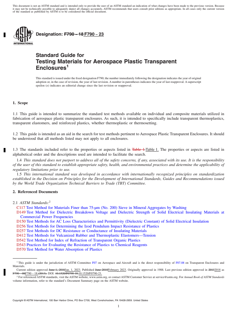 REDLINE ASTM F790-23 - Standard Guide for  Testing Materials for Aerospace Plastic Transparent Enclosures