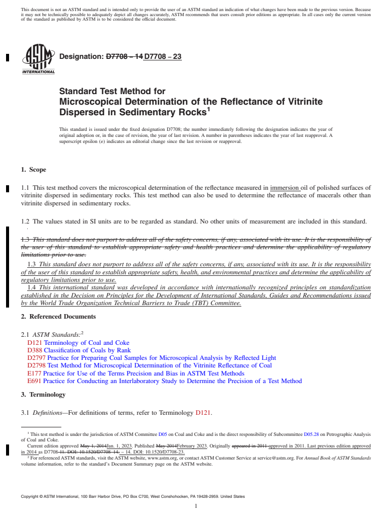 REDLINE ASTM D7708-23 - Standard Test Method for  Microscopical Determination of the Reflectance of Vitrinite  Dispersed in Sedimentary Rocks